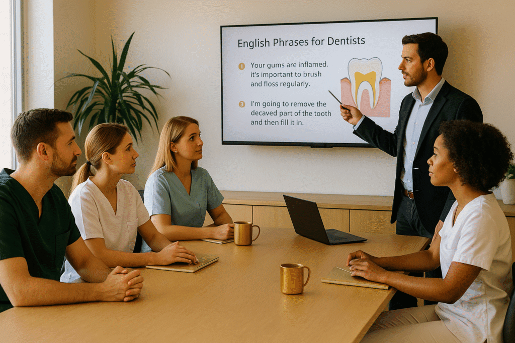 Sesión de inglés corporativo para dentistas, instructor señala presentación con frases clínicas